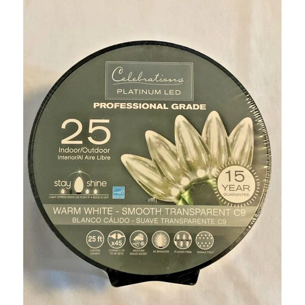 Celebrations Platinum LED Lights Pro Grade Warm White 25' Smooth Transparent C9